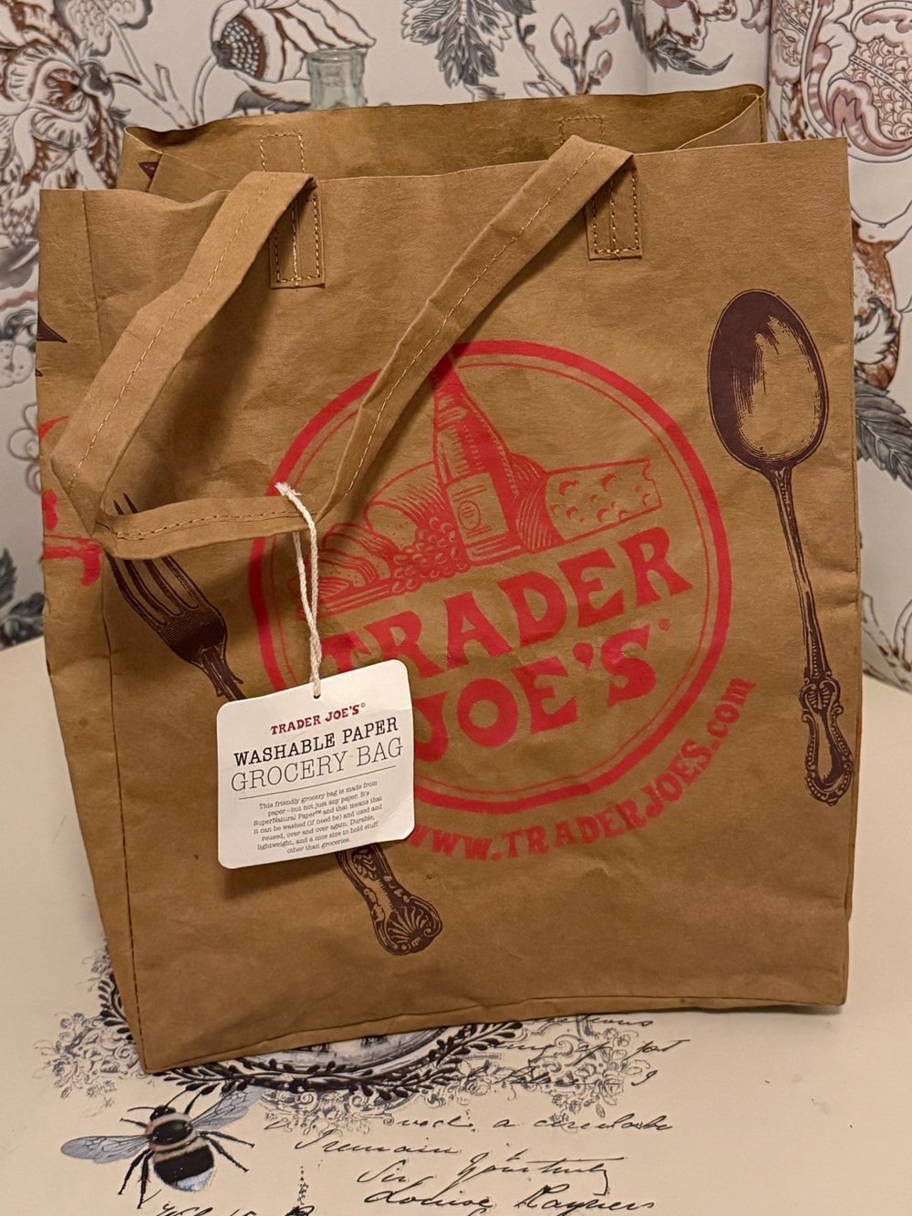 Trader Joe's Brown Washable Paper Tote Bag with Red Logo